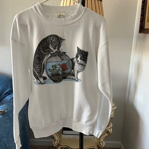 Cotton White Cat & Fish Bowl Graphic Sweatshirt 1980’s